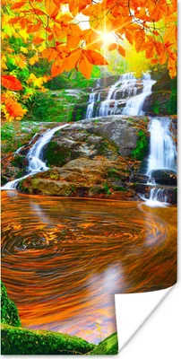 Produktbild von MuchoWow® Poster Natur - Wasserfall - Steine - Moos - Blätter - Grün 60x120 cm - Wandschmuck