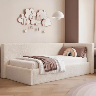 Produktbild von Eckbett Jugendbett Sampre 120x200 cm Ecru Rechts Plüsch – Bettkasten, Metalllattenrost