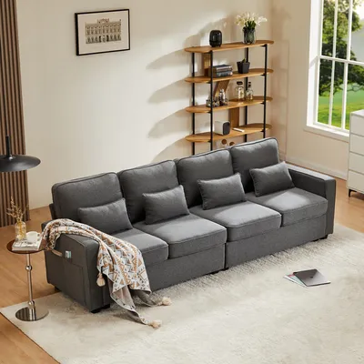 Productafbeelding van Bank, salontafel, woonkamerbank. Moderne bank voor 4 personen, bekleed met linnen, in donkergrijs