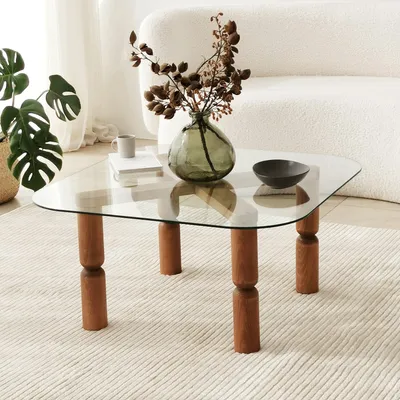 Image de Skye Decor, Kei - Walnut, table basse, noyer, 100 % verre trempé, 80 x 80 x 40 cm