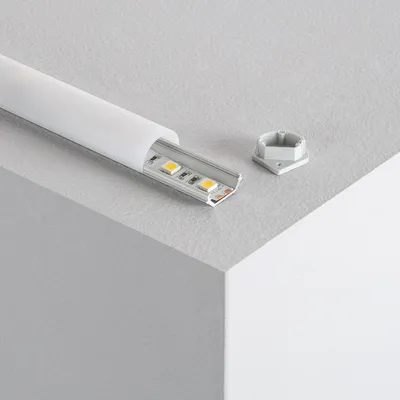 Produktbild von Aluminiumprofil Ecke 1m mit runder Abdeckung für LED Streifen bis 10 mm Milchweiße Klemme