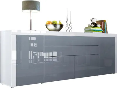 Produktbild von Vladon Sideboard La Paz V2, Germany, Kommode mit 2 Türen, 2 Schubkästen und 2 Klappen, Weiß Hochglanz/Grau Hochglanz/Weiß Hochglanz (200 x 72 x 35 cm)