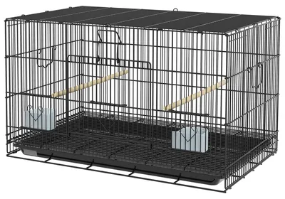 Produktbild von Vogelk?fig 77 x 46 x 45 cm, Metall, mit herausnehmbarer Schale, 2 Sitzstangen, 2 Futtern?pfen, Schwarz