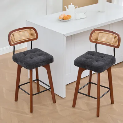 Produktbild von STILVORA Barhocker im 2er-Set, Küchenhocker mit Rückenlehne, Frühstücksbarhocker mit Rattan-Rückenlehne, Barstuhl mit gepolsterter Sitzfläche