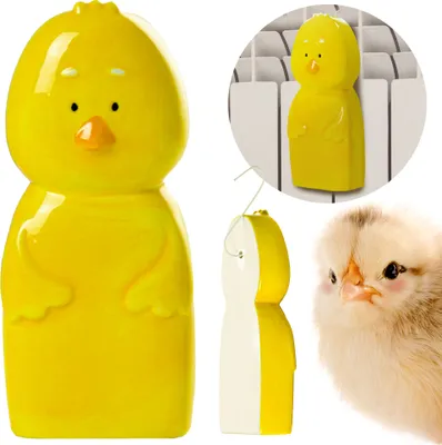 A collage of images showing a yellow chick-shaped radiator humidifier, a close-up of the humidifier, and a real chick.