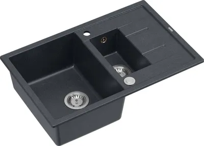 Produktbild von QUADRON Spülbecken 1,5-Becken Spüle | Größe: 78 x 50 x 22 cm | MORGAN 156 | Küchenspüle Granitspüle aus GraniteQ mit Siphon | Schwarz & Stahl
