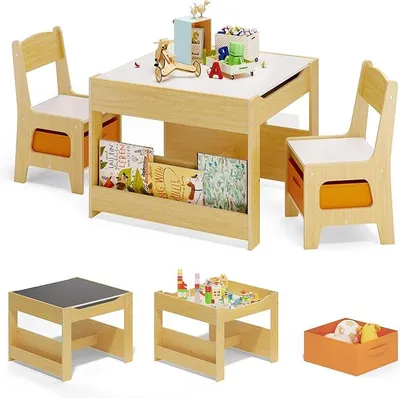 Imagen del producto de Mesa infantil con 2 sillas, mesa infantil 4 en 1 para pintar con espacio de almacenamiento, conjunto de mesa y sillas infantil de madera multifuncional con estantería, para niños a partir de 3 años, 61,5 x 61,5 x 48 cm, color natural
