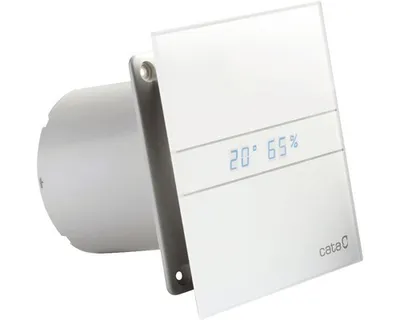 A white bathroom extractor fan with a digital display showing temperature and humidity.