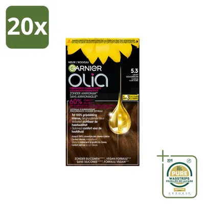 Productafbeelding van 20 x Garnier Olia 5.3 Permanente Haarkleuring, Lichtgoudbruin, Zonder Ammoniak - Voorraadverpakking - 20 stuks