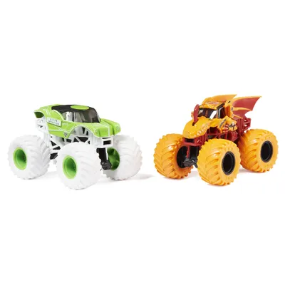 Two monster trucks are displayed against a white background.