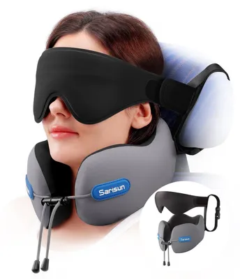 Produktbild von Nackenkissen Reisekissen mit Gurt und 3D-Augenmaske, Memory-Schaum, Grau