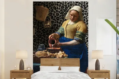 Produktbild von MuchoWow® Fototapete für Wohnzimmer oder Schlafzimmer Wandtapete Vinyl Motivtapete Milchmädchen - Kunst - Pantherdruck - Vermeer - Gemälde - Alte Meister - 225x350 cm - Schlafzimmer tapete