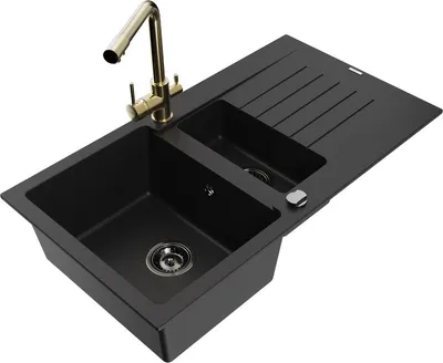 Produktbild von Mexen Matias 1,5-Becken-Granitspüle mit Abtropffläche und Mischbatterie Duero, Schwarz - 6502-77-671600-50-B