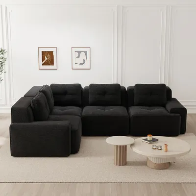 Produktbild von STILVORA Ecksofa rahmenlos aus Cordstoff mit rutschfestem Design, Wohnzimmersofa als modulares Kombinationssofa ohne Montage, Bürosofa als gepolstertes Tiefsitzsofa, Schwarz