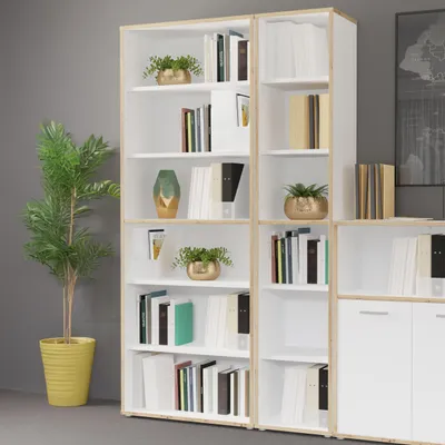 Produktbild von Forte KEFLAVIK Bücherregal 40 50, modernes Büroregal mit 5 Einlegeböden, Holzwerkstoff, Artisan Eiche Holzdekor | Weiß, 44,8 cm breit x 226,5 cm hoch x 41,5 cm tief