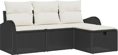 Image de Ensemble de salon vidaXL, 4 pièces, noir et crème, en polyrotin