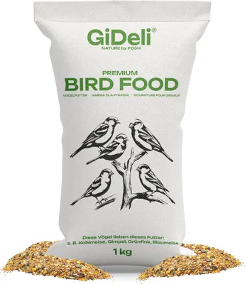A bag of bird food with illustrations of birds and text describing the product.