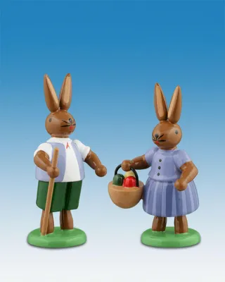 Immagine prodotto di Decorazione pasquale: coppia di coniglietti pasquali con bastone e cesto, altezza 7,5 cm, nuovo
