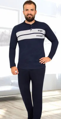Produktbild von Herren Große Größen Pyjama Schlafanzug Baumwolle Marineblau 3XL Lang 2-Teiler Set R-61