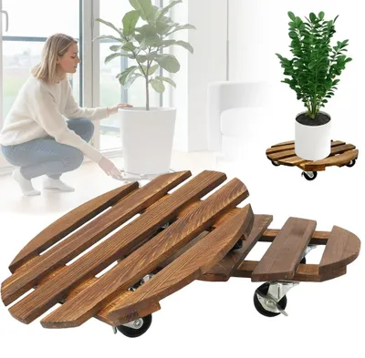 Image de Lot de 2 supports pour plantes en bois - Supports ronds pour plantes - Roulettes verrouillables - Mobile - Pour intérieur et extérieur - Rangement mobile