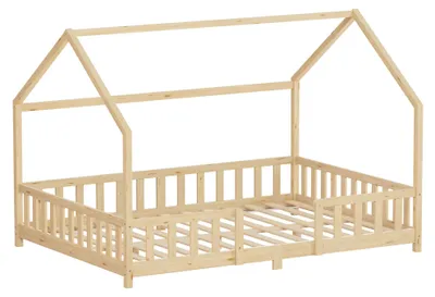 Obrázek produktu pro Dětská postel ML-Design 140 x 200 cm s ochrannou zábranou proti vypadnutí, stříškou a roštem, přírodní Montessori postel na podlaze z masivního borovicového dřeva, postel ve tvaru domečku pro holčičky a kluky