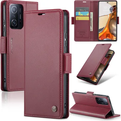 A collage of images showing a red leather phone case for a Xiaomi 11T Pro.