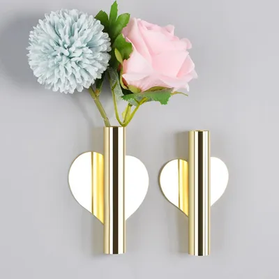 Produktbild von Wandvase 2 Stück, Goldene Metallvasen, 11 x 1,8 cm, für Wohnzimmer, Schlafzimmer