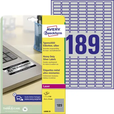 Obrázok produktu pre Avery L6008-20, Strieborná, Samolepiaci štítok, A4, Polyester, Laserový, Zaoblený obdĺžnik