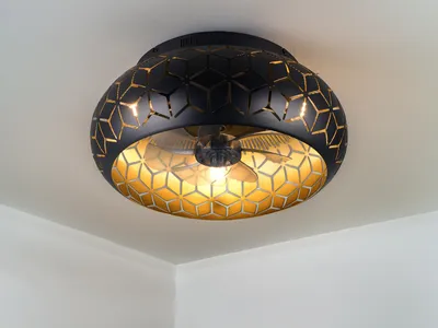 Produktbild von Ausgefallene LED Deckenlampe mit Ventilator und Fernbedienung Schwarz Gold Ø50cm