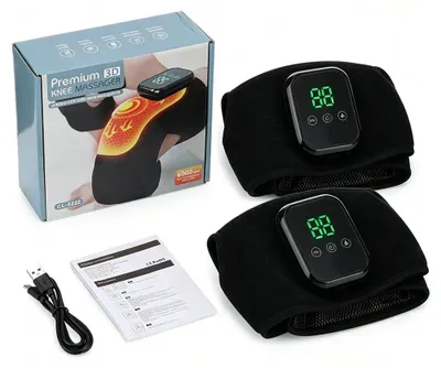 Produktbild von Elektrisches Knie-Massagegerät - Wärmende Kniebandage - 2er-Set - Vibrationsmassage - 3 Wärmestufen 45/55/65 °C - USB-C - Wiederaufladbarer Akku