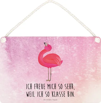 Produktbild von Mr. & Mrs. Panda Schild Flamingo Stolz DIN A5 - Aquarell Pink - Geschenk, Türschild, kleine aufmerksamkeit, Holzschild, Selbstliebe, Mama, holzbild, Beste Freundin, Rosa