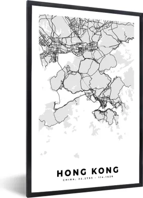 Produktbild von MuchoWow® Gerahmtes Poster Hongkong - Stadtplan - Schwarz und weiß - Karte 20x30 cm - Poster mit Schwarzem Bilderrahmen Wandposter Rahmen Foto Bilder - Drucken - Bilder Poster im Rahmen