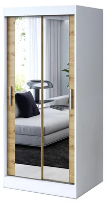 Zdjęcie produktu dla Szafa przesuwna Biały Mat/ Dąb Artisan - 90x200cm - Szafa przesuwna KARL - z 2 lustrami- do sypialni i garderoby