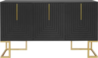 Produktbild von Modernes 3-türiges Sideboard(Schwarz)mit verstellbaren Regalen,U-förmigen Schranktüren und Metallgriffen und Sockel für Esszimmer und Küche