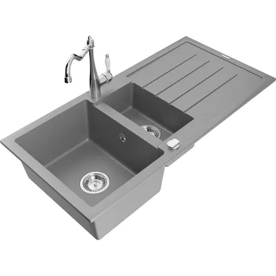 Zdjęcie produktu dla Mexen Andres zlewozmywak granitowy 1,5-komorowy z ociekaczem i baterią kuchenną Carla, szary - 6515-71-670700-00