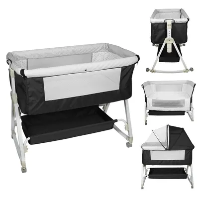 Produktbild von 3 in 1 Beistellbett,Reisebett Baby mit Matratze & Wickelauflage,Babybett 6 Fach höhenverstellbar mit Aufbewahrungskorb für Baby bis 12 Monaten Schwarz