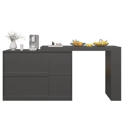 Produktbild von Flieks Bartisch 360°drehbar, Stehtisch mit Sideboard, Küchentisch ausziehbar, Kaffeebar mit Schrank, Sideboard mit Glastür, Schwarz