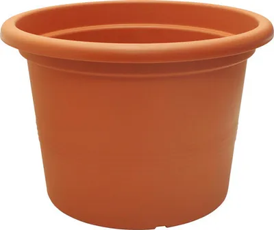 A terracotta-colored plastic planter pot on a white background.