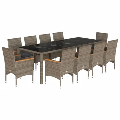 Produktbild von 11-tlg. Garten-Essgruppe mit Kissen Grau Poly Rattan Glas