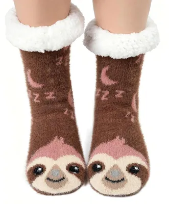 Produktbild von Kuschelsocken Damen 39-42 Winter Thermo Hüttensocken Faultier-Muster Anti-Rutsch