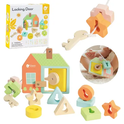 Zdjęcie produktu dla CLASSIC WORLD Drewniana Przeplatanka Klocki do Nawlekania Klucze i Drzwi MONTESSORI 11 el.