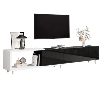 Produktbild von TV Lowboard Ausziehbar TV-Schrank Fernsehtisch bis 258 cm | Wohnzimmer Sideboard mit 3 Hochglanz Türen, Soft-Close-Scharnieren & Metallfüßen | Schwarz Weiß