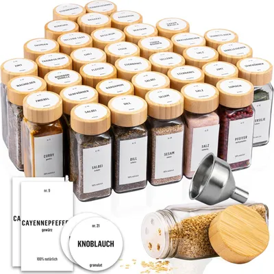 Produktbild von Gewürzmühle Deco Haus Gewürzdosen, quadratisch, luftdicht, 36-teiliges Set [inkl. Etiketten & Streuer] – Glas-Gewürzdosen-Set – Gewürzbehälter, Gewürz