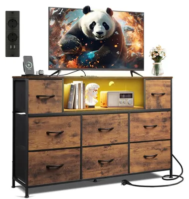 Produktbild von Kommode mit 8 Stoffschubladen und Steckdosen 120x30x79 cm Vintage