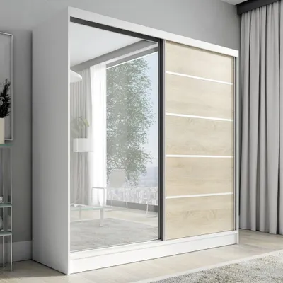 Produktbild von Schwebetürenschrank, 2-türig Schrank mit Spiegel KARO 1 200 cm (Weiß , Sonoma)