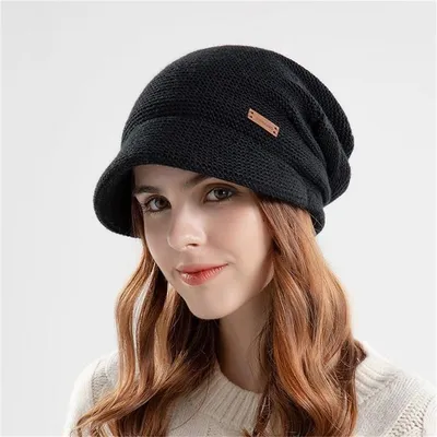 Produktbild von Damen Wollmütze(Schwarz) Winter Mütze Warme Strickmütze Frauen 56-60CM Wintermütze Warm Slouchy Mütze mit Visier Winter Strickmütze mit Schi