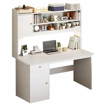 A white computer desk with shelves and a cabinet, featuring a laptop and decorative items.