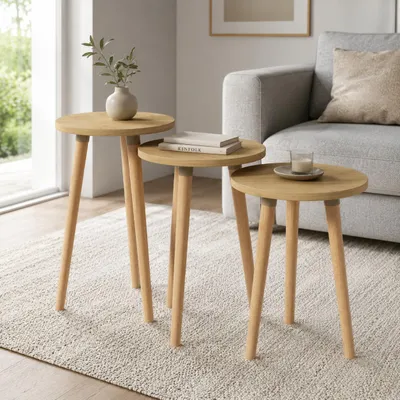 Produktbild von VCM 3-tlg. Beistelltisch Set, Runde Satztische mit Holzfüßen, Ø 34 cm, Wohnzimmertische im Retro-Design - Barilo
