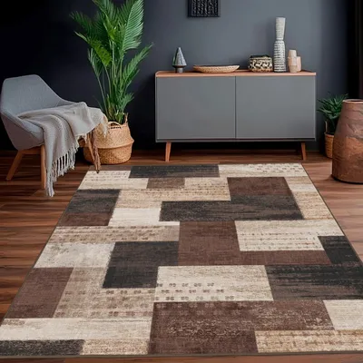 Obrázek produktu pro Moderní geometrický koberec patchwork – 80x150 cm, hnědý