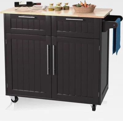Produktbild von Küchenwagen mit Arbeitsplatte, Küchenschrank auf Rollen, Servierwagen Holz mit Handtuchhalter, bewegliche Kücheninsel, Küchen Rollwagen mit 2 Schubladen, Küchentrolley Gemüsewagen (Kaffee)